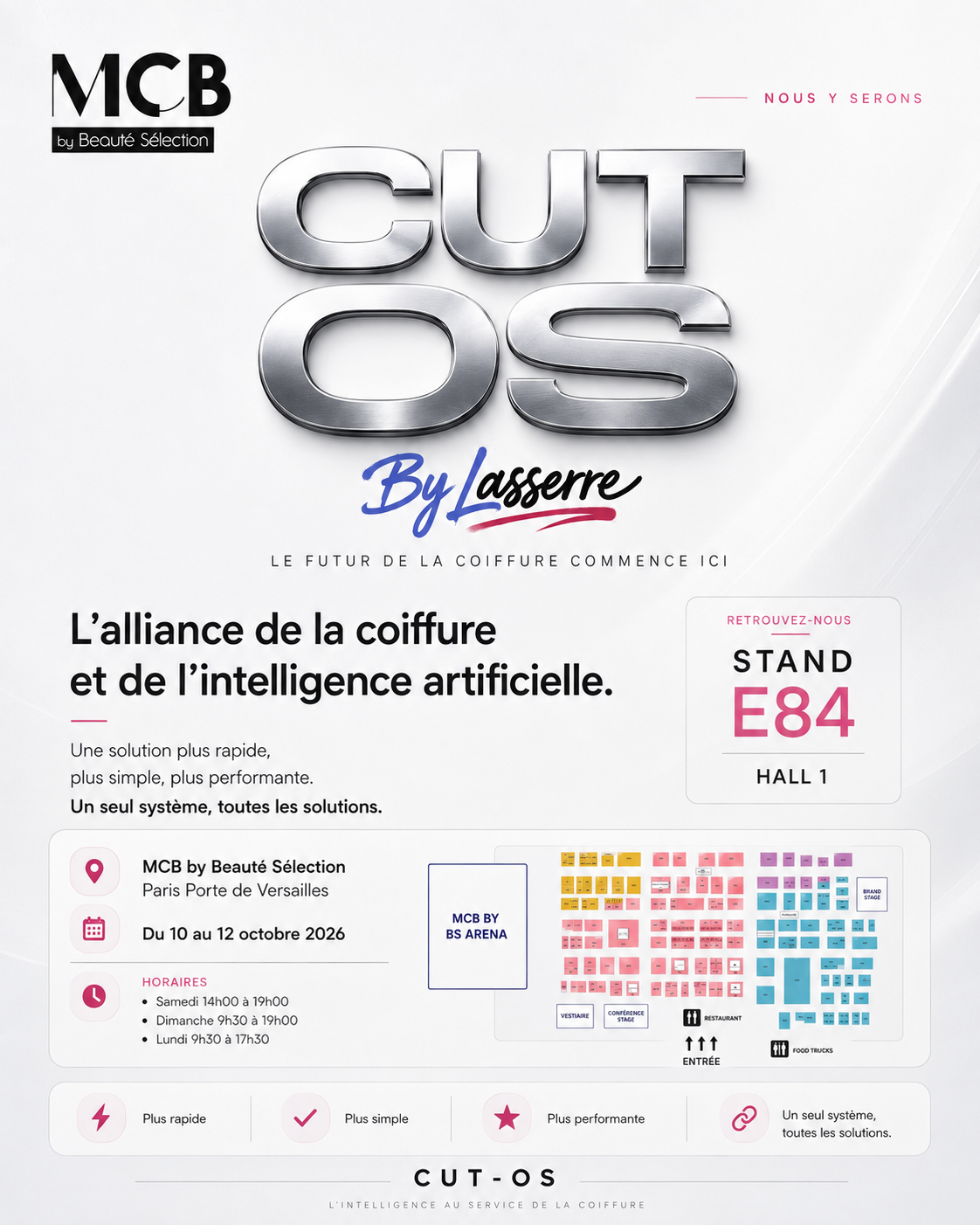 Affiche officielle CUT OS au MCB by Beauté Sélection 2026 — Paris Porte de Versailles, Hall 1, stand E84, du 10 au 12 octobre 2026